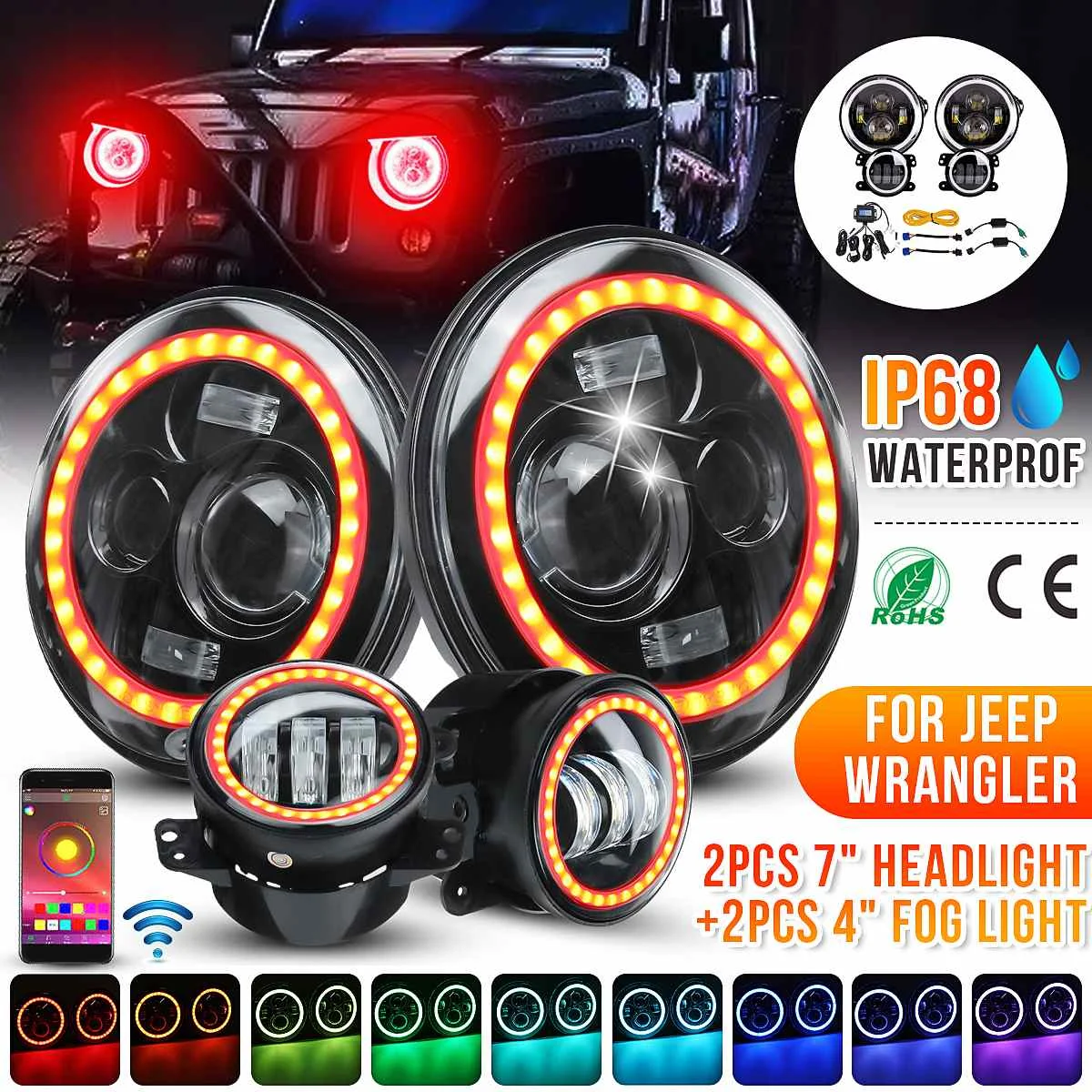

4 шт. 7-дюймовые светодиодные фары RGB 60 Вт дальний и ближний свет Низкое напряжение LED H4 IP68 ангельские глазки DRL Янтарный сигнал поворота bluetooth ...