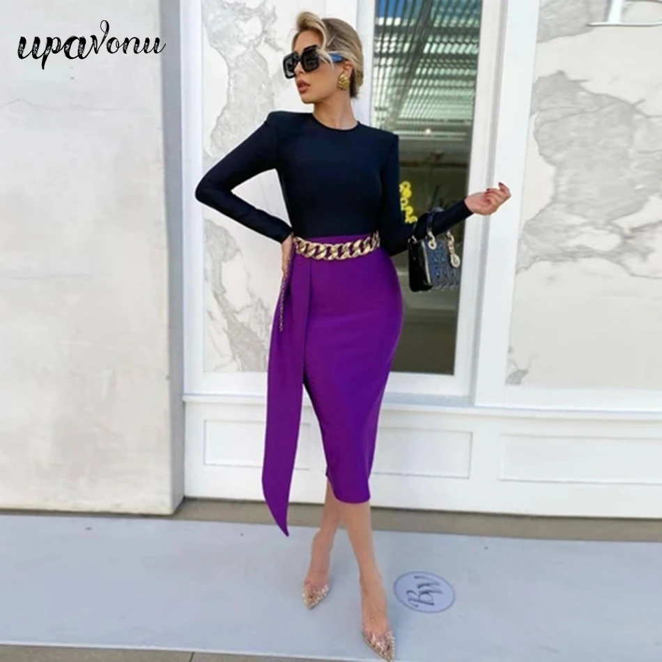 

Free Shipping 2021 New Women Contrasting Color Bandage Dress Sexy O-neck Long Sleeve Bodycon Midi Dress Elegant Club Party Dress