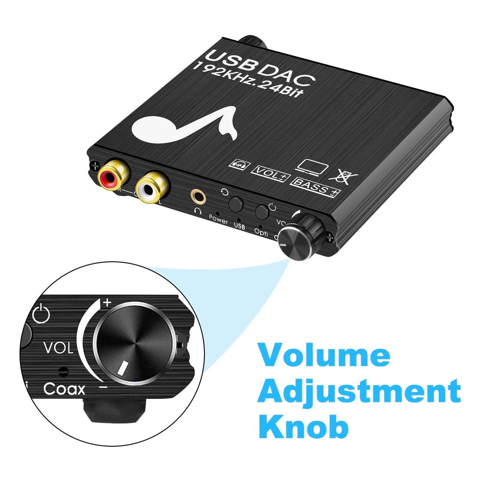 Tjtak USB DAC 192kHz 24Bit Digital to Analog Converter with Bass&ampVolume Control Coaxial Toslink Stereo L/R RCA |