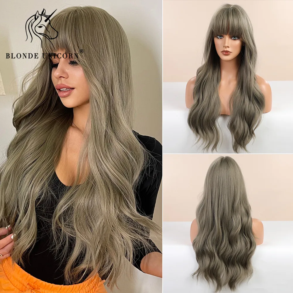

BLONDE UNICORN Synthetic Wig Long Wavy Grey Blue with Bangs For Black White Women Heat Resistant Fiber Cosplay Party Hair Wigs
