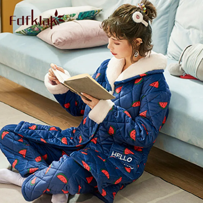 Fdfklak толстый теплый женский зимний пижамный комплект трехслойная стеганая
