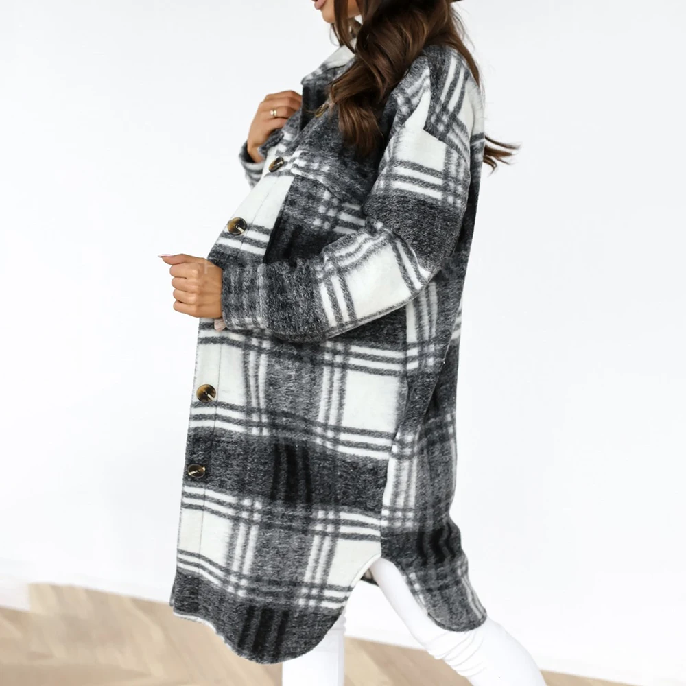 

2020 Winter Checked Women Jacket Turn Down Overcoat Warm Plaid Long Coat Oversize Thick Woolen Blends Female Streetwear