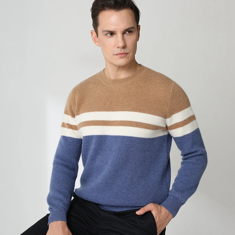 2021 New Fashion Color Matching Sweaters 100% Goat Cashmere Knitting Sweaters Men Pullovers For Winter O-Neck Thicker Soft Tops