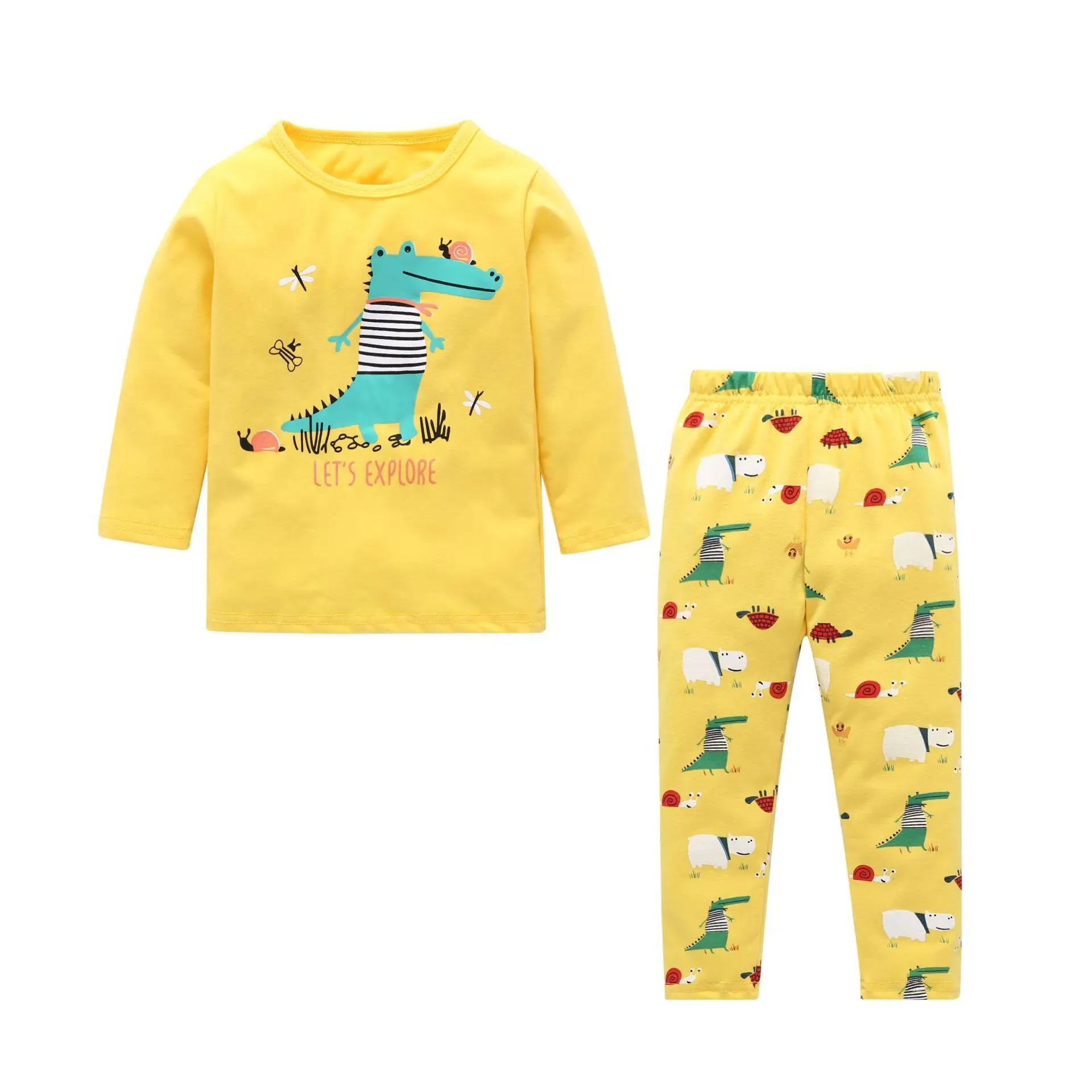 2pcs yellow Рождественский пижамный комплект для маленьких мальчиков, детская одежда с динозаврами, вязаные длинные пижамы, наряды Санты, Детский костюм, серый костюм - Цвет: 2pcs yellow