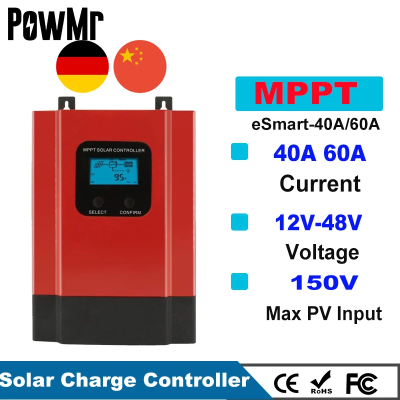 

Esmart3 60A 40A MPPT Solar Charge Controller 48V/36V/24V/12V Auto Back-light LCD Max 150VDC Input Energy Saving RS485 Port