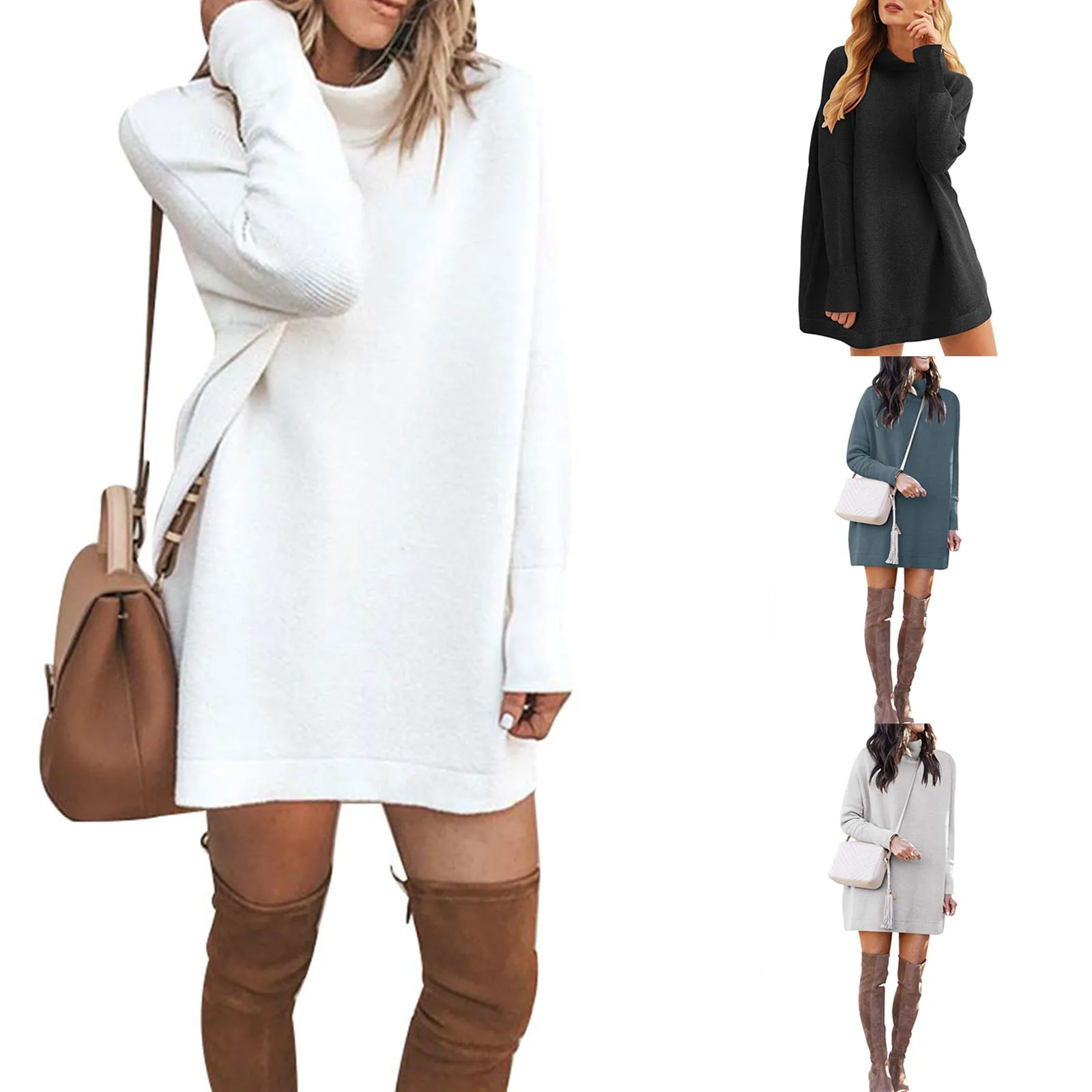 

Women Solid Color High Neck Sweater Dress, Turtleneck Long Sleeve Warm Loose Knit Dress