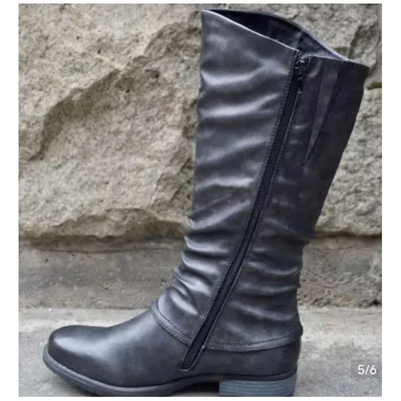 

New Large Size European and American Style Retro Ladies Knight Boots Female Round Toe Low-heel Square Heel Women's Boots