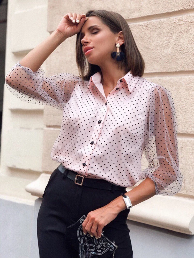 2020 Женская сетчатая блуза в горошек на пуговицах модная весенняя с воротником