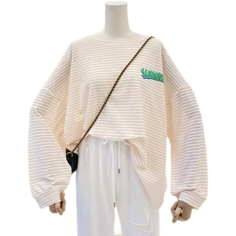 

2021 Spring and Summer New Striped Loose Letters Printed All-Matching round Neck Long Sleeve Sun-Protection T-shirt Women's Top