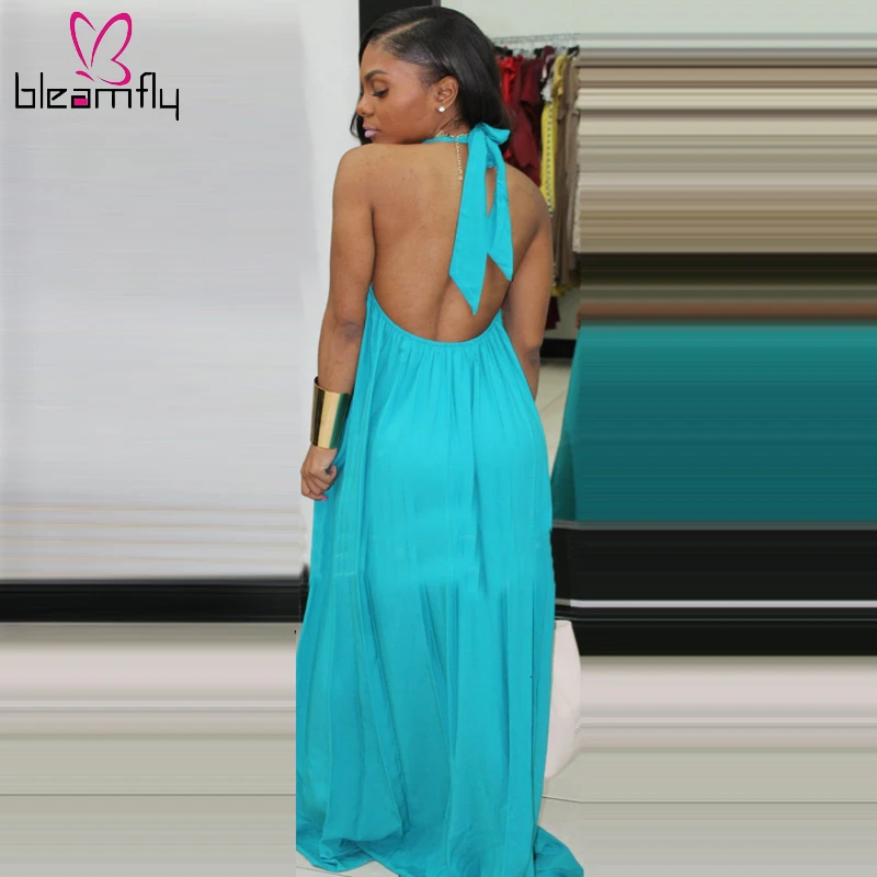 Однотонное женское Шифоновое Платье макси с лямкой на шее сексуальное шнуровке