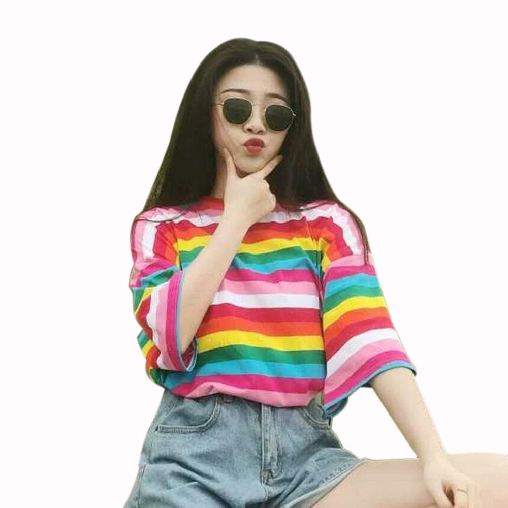 Модные радужные цветные полосатые женские топы с коротким рукавом и круглым