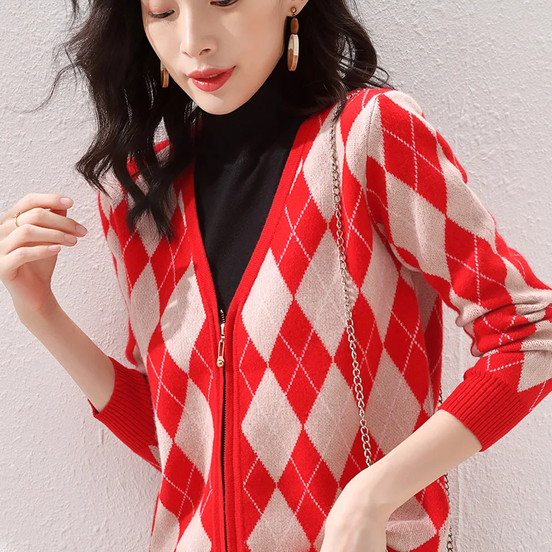 

French New Style Wool Cardigan Women's Retro Rhombus Sweater Outer Wear Women's Zipper V-neck Jacket Cardigan Jacket Women