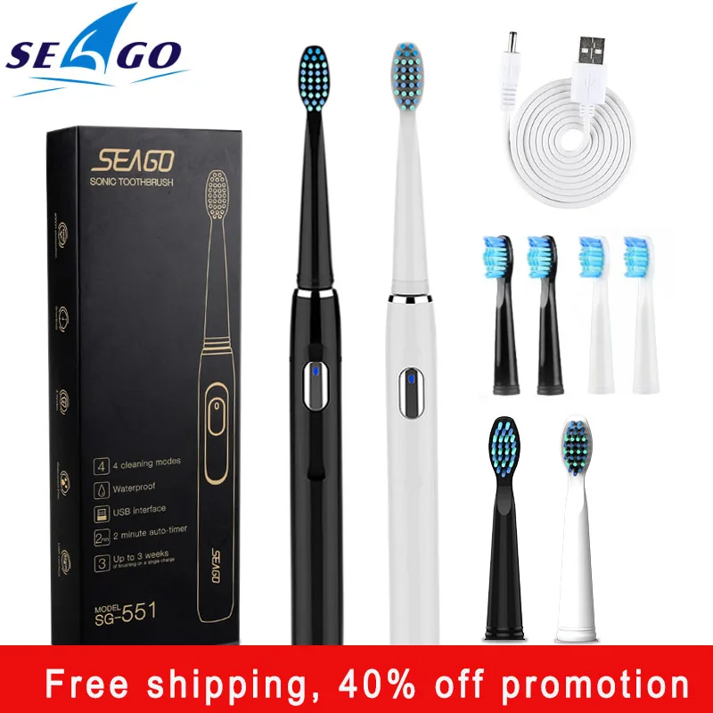 

Seago SG-551 Sonic Adult Electric Toothbrush Smart Timer 4 Modes Deep Oral Clean USB Rechargeable Toothbrush with 3 Brush Heads