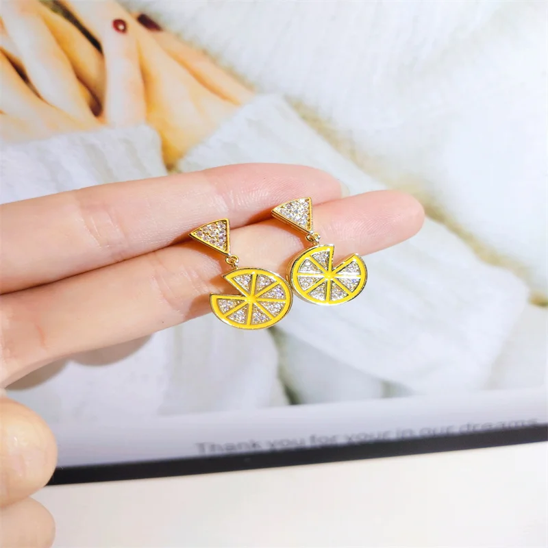 

Summer Yellow Orange Lemon Slice Fruit Dangle Earrings for Women Inlaid Rhinestone Crystal Cute Korean Girl Female Earrings