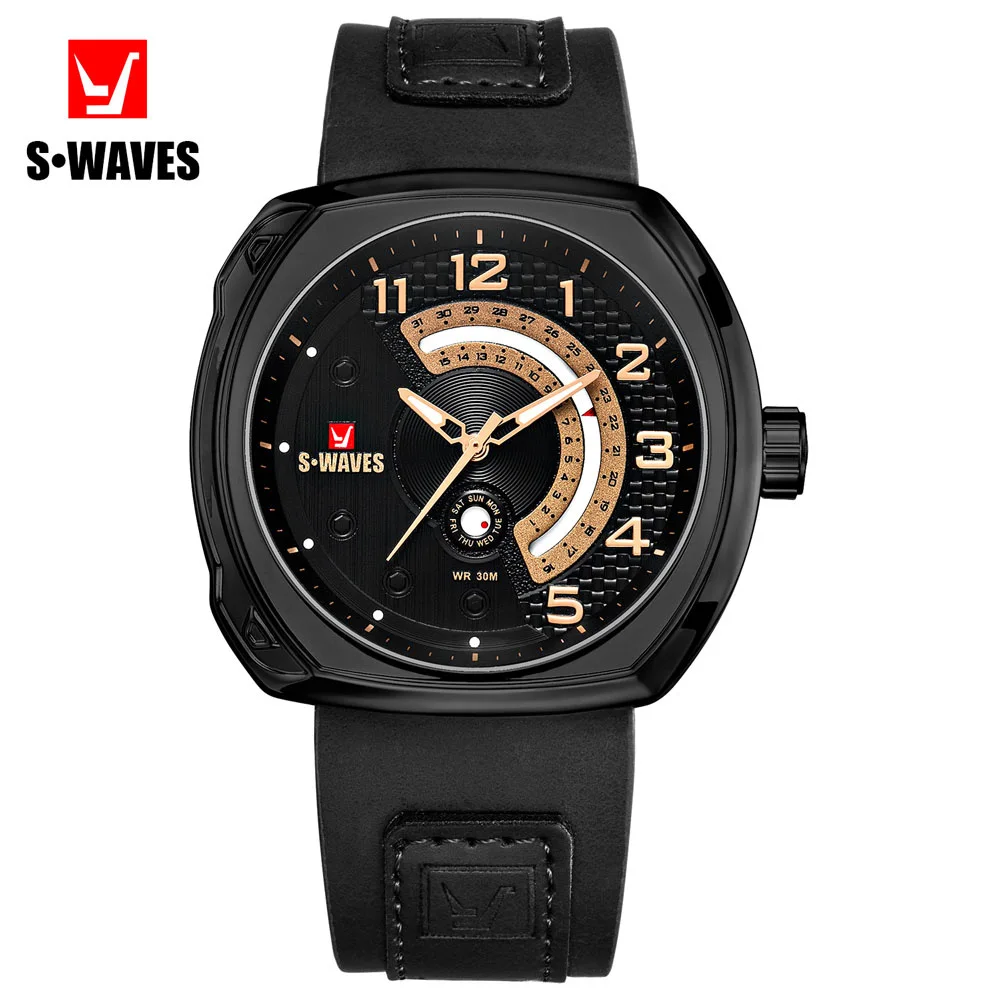 

New Quartz Wristwatch Mens Clock Week Leather Band Waterproof Montre Homme 2019 Black Rose Gold Watch for Man SWAVES Big Brand