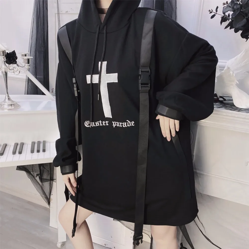 Ruibbit Женская Толстовка Harajuku Готический мультфильм печатных бархат с капюшоном модные повседневные панк уличная Черная Толстовка Осень