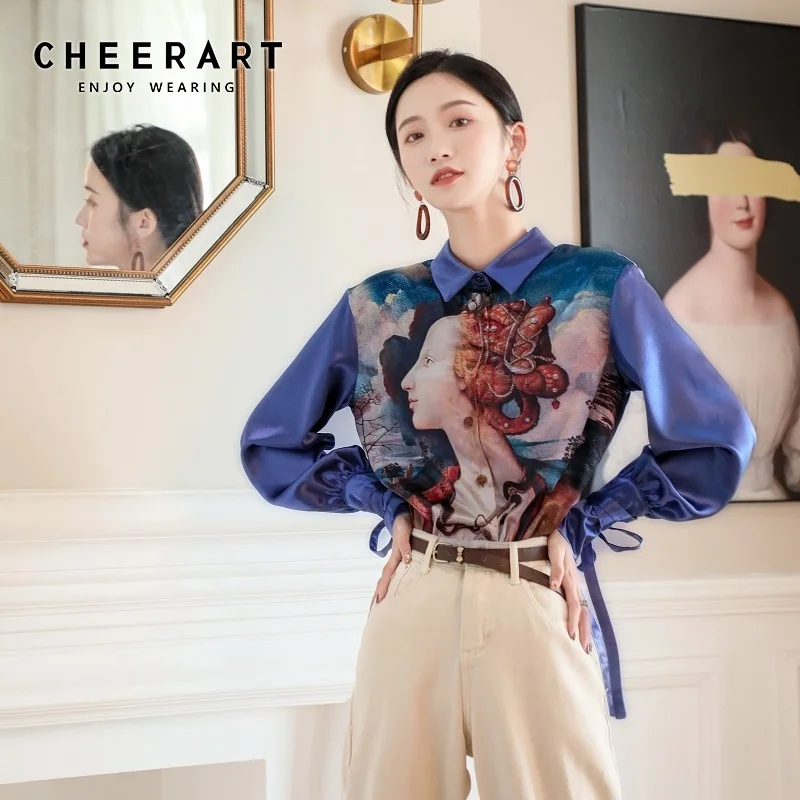 CHEERART Ренессанс атласная блузка женская с длинным рукавом синяя картина маслом
