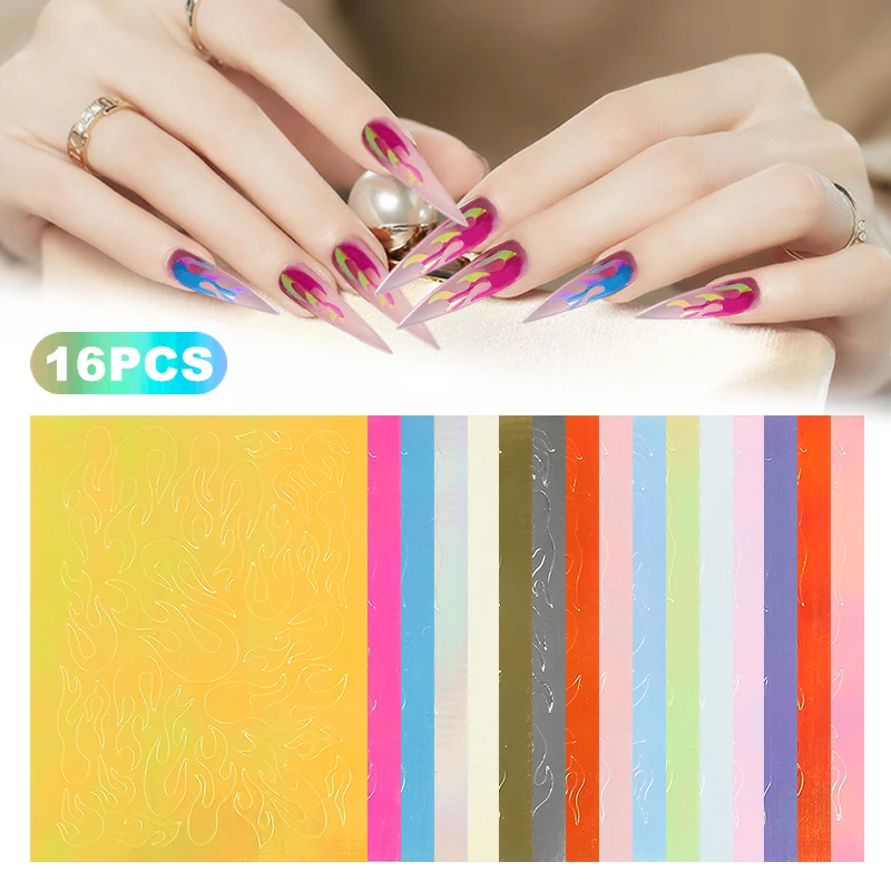 New 16 Pcs Holographic Fire Flame Stencil Hollow Stickers Nail Art DIY Waterproof Wraps TSLM1 | Красота и здоровье