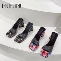 strange triangle heels slippers for women summer printing sexy open toe sandals slides transparent loafer females shoes slip on