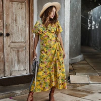 summer bandage women midi casual party a line flower print short sleeve bow v neck empire beach ropa mujer vestido robe fille