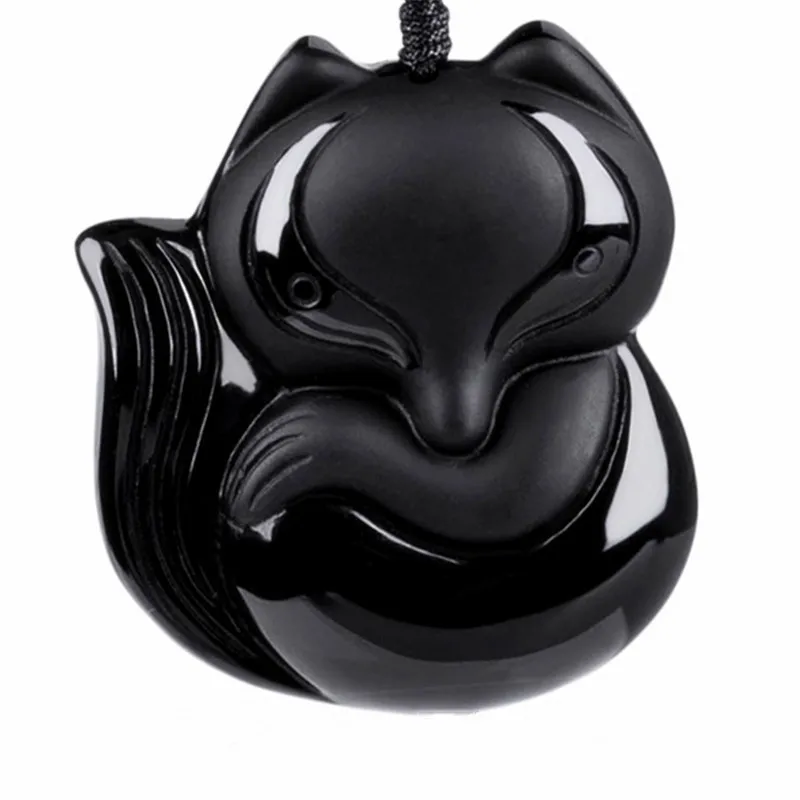 Женское ожерелье с подвеской из черного обсидиана большой головой лисы