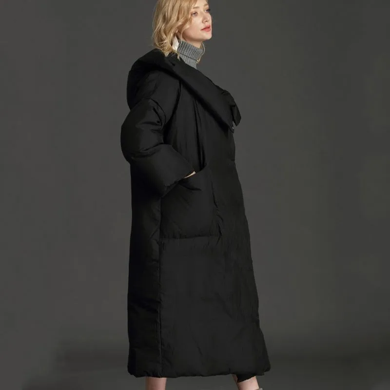 

Повседневная Свободная длинная куртка большого размера с капюшоном и карманами 7XL, легкий пуховик на утином пуху, женская зимняя одежда