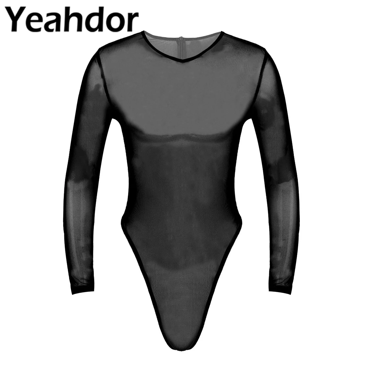 

Sexy Men See-Through Mesh Bodysuit Nightwear Long Sleeve High-Cut Thongs Back Zipper Leotard Slim Fit Transparent Jumpsuit