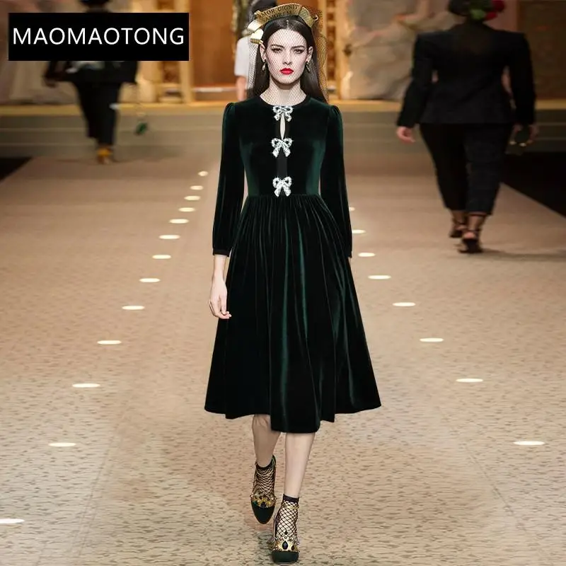 

Women's Clothing Fashion Designer Dress Spring Autumn Women's Dress Long Sleeve Bowknot Sequins Crystal Beaded Velvet Dresses