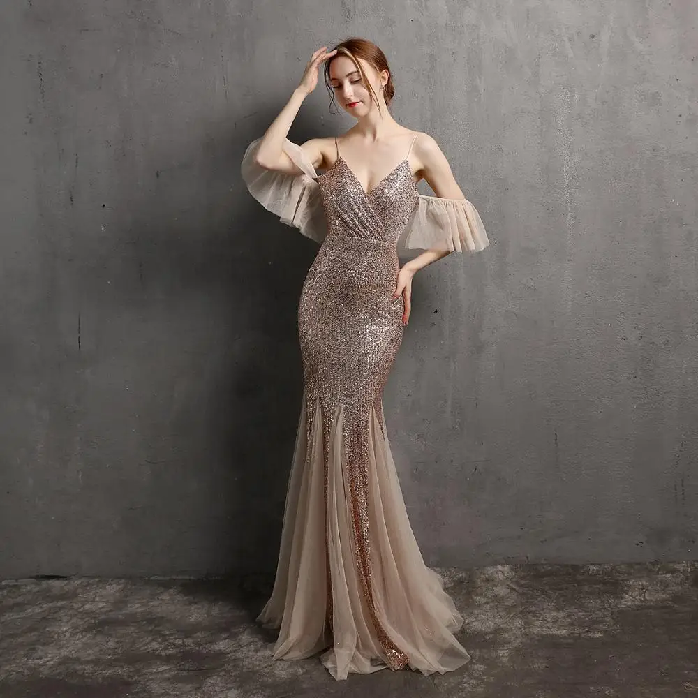 

Formal Evening Dresses Sexy V Neck Short Mesh Sleeve Mermaid Elegant Women Lace Dress Gold Sequins Tulle Long Wedding Party Gown