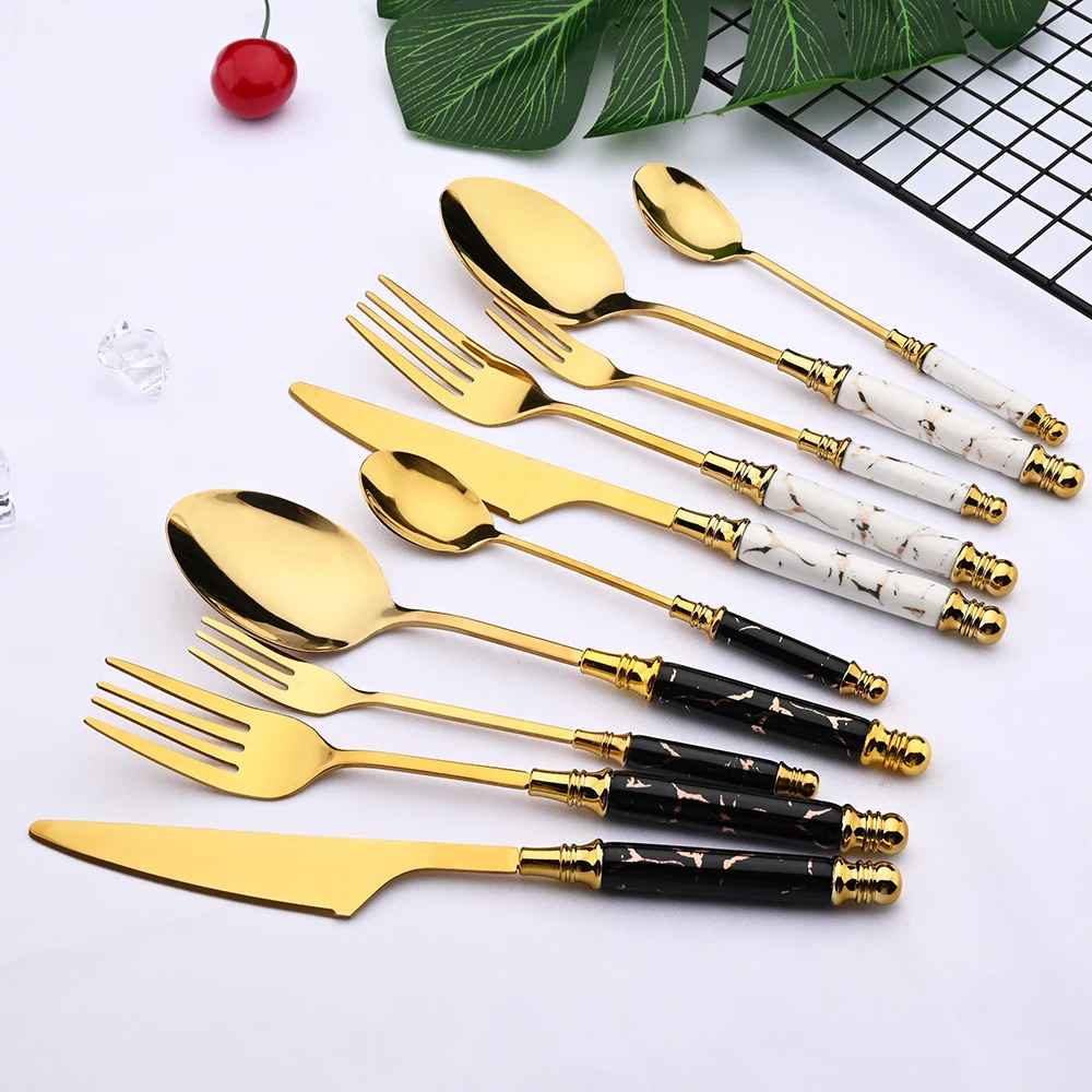 Marble & Gold Mirror Finishing Dining Cutlery Set - Knife, Fork & Spoon Flatware