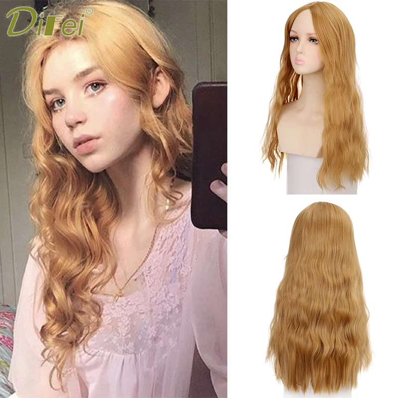 DIFEI  Synthetic High Temperature Hair Long Wavy Wig With Bangs Cosplay Wig Woman Heat-resistant Blond Hairpiece
