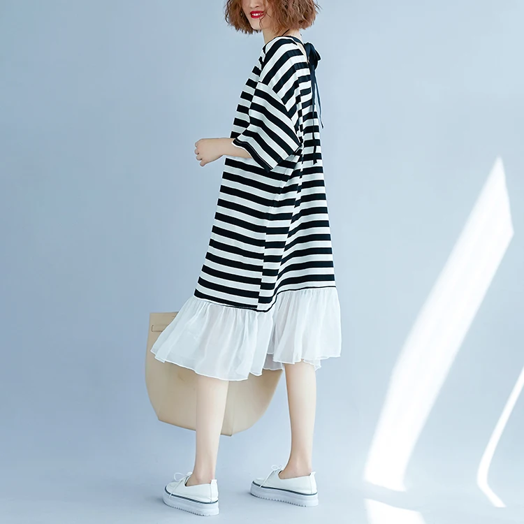 #0135 летнее черно-белое платье-футболка в полоску женское шифоновое свободное