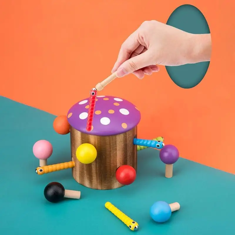 Обучающие деревянные магнитные грибы Монтессори насекомые поймать червя игра