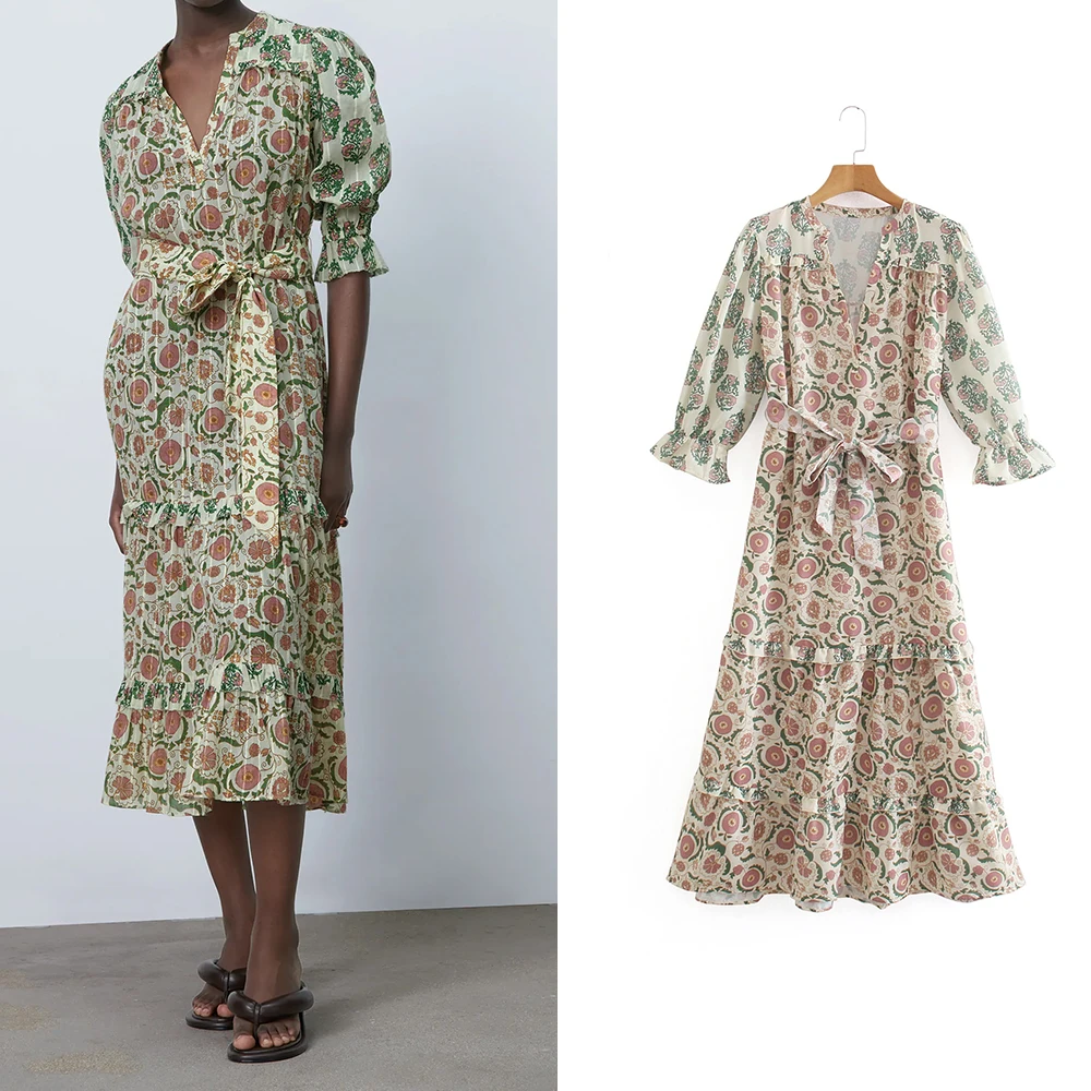 

Женское платье Цветочный принт с бантом на поясе для Za в стиле платье с v-образным вырезом с коротким рукавом шифоновое платье до середины ик...