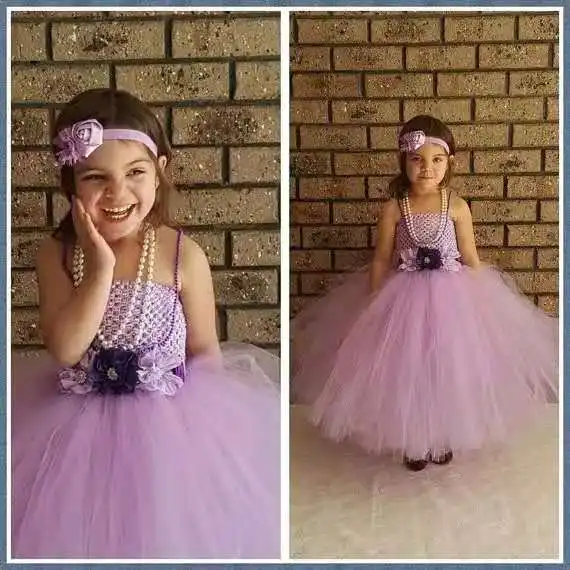 

Beautiful Girls Lavender Tutu Dresses Kids Crochet Tulle Tutus Ball Gown with Flowers and Headband Children Wedding Party Dress