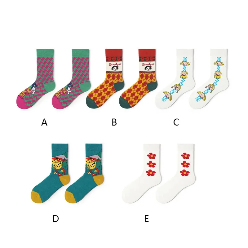 

Women Autumn Fashion Casual All-match Breathable Cartoon Retro Middle Tube Socks Cotton Female Socks