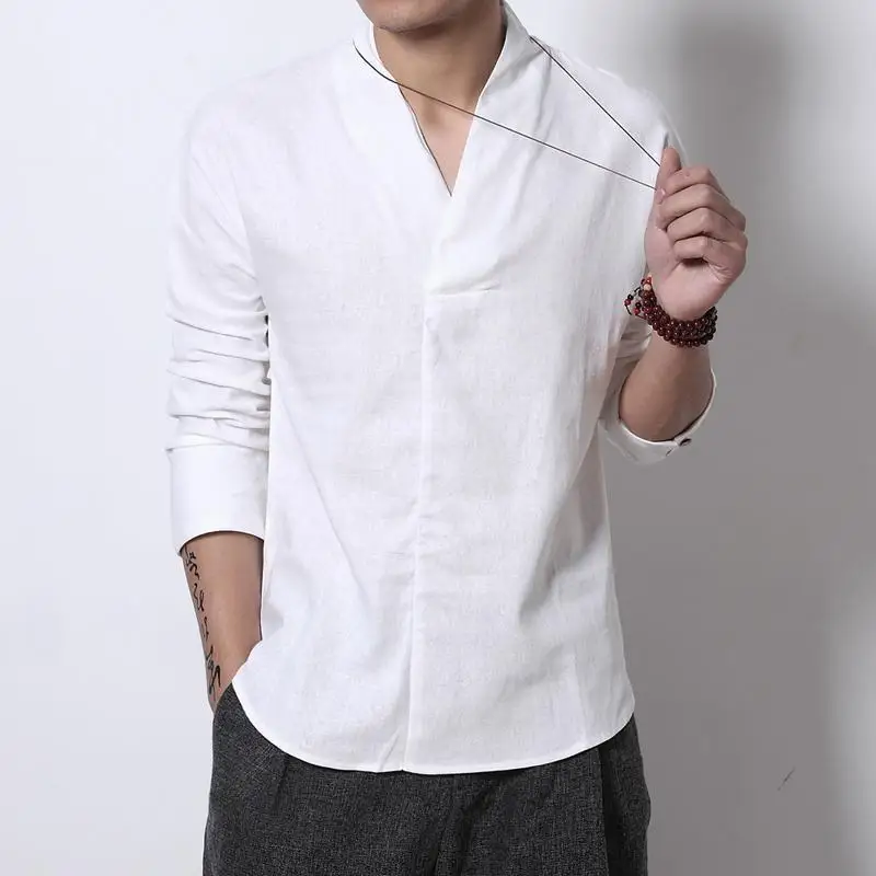 Рубашка мужская хлопково-Льняная в японском стиле уличная одежда с V-образным