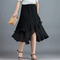 5xl 6xl candy color chiffon ruffle skirt women korean asymmetrical high waist long skirt elegant ladies mermaid skirt plus size