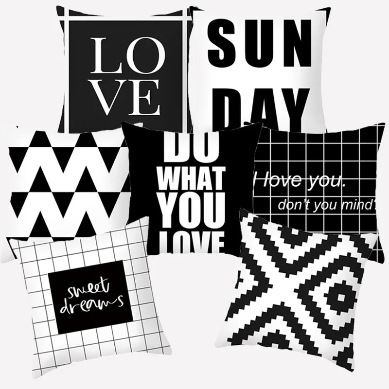 

Black White Geometric Polyester Pillowcover Cushion Cover Letter Printed Decorative Pillowcase Sofa Cushions Home Decoration