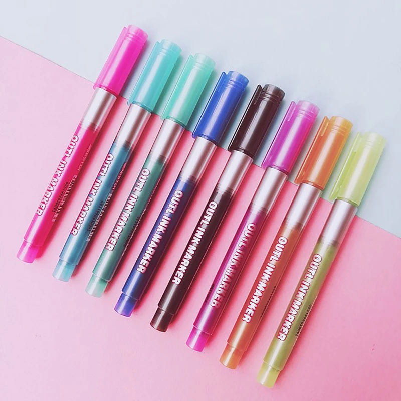 8 Colors Metallic Double Lines Art Markers Pen Out Line Drawing Pens for Calligraphy Lettering Color Scrapbooking Stationery | Канцтовары