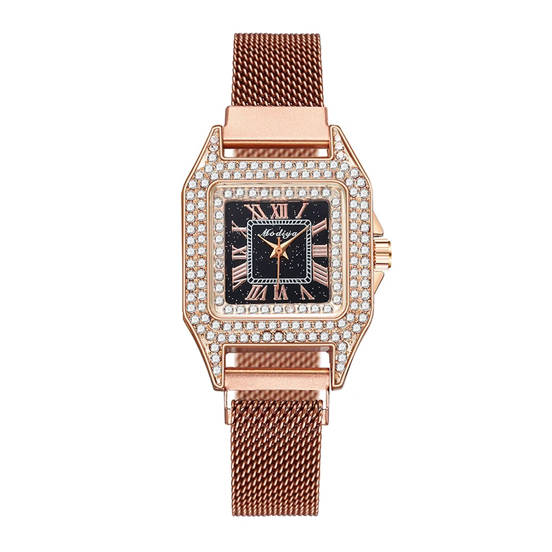 Квадратные бриллиантовые женские часы с магнитным сетчатым ремешком люксовый