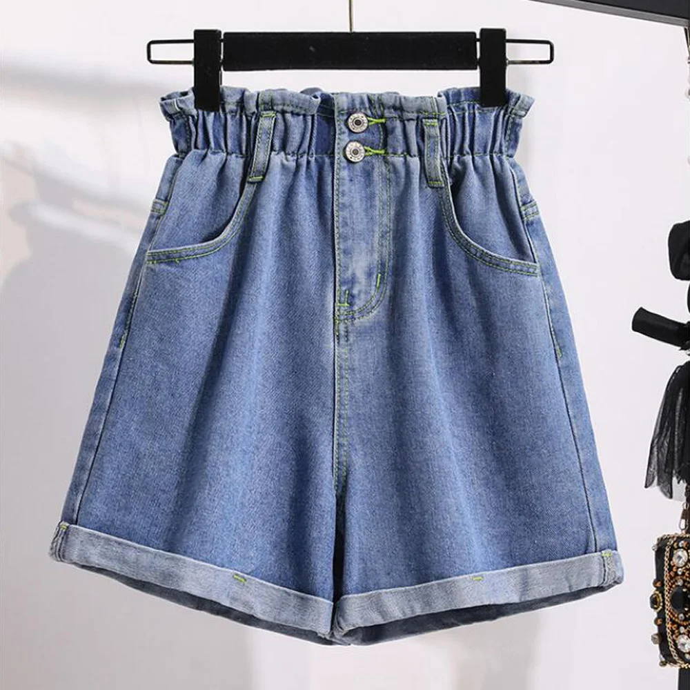 

Korean Version High Waist Denim Shorts Summer Women Casual Loose Plus Size 5XL Fashion Roll Up Hem Elastic Broad Legs Short Pant