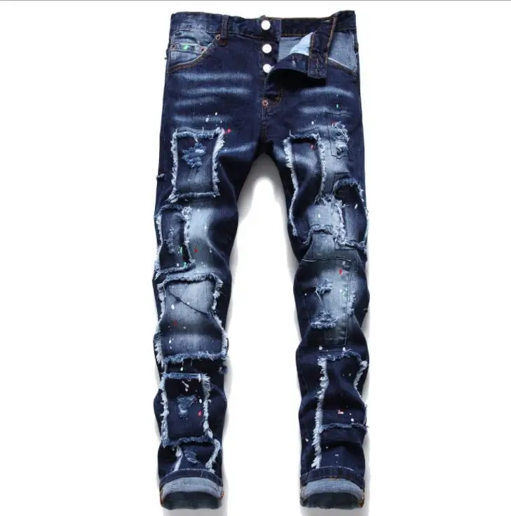 winter mens jeans new style ragged paint slim fit stretch trousers blue skinny beggar pants spodnie jeansowe calça masculina
