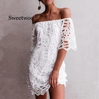 hollow out white lace dress women off shoulder short sleeve elegant mini backless dress femme see through sexy vestidos
