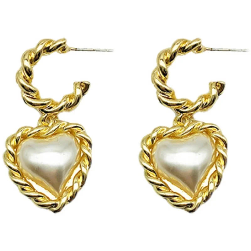 

Yangliujia S925 Needle Metal C Earrings Retro Fashion Elegant Sweet Love Pearl Gold Earrings Women Jewelry Accessories Wedding