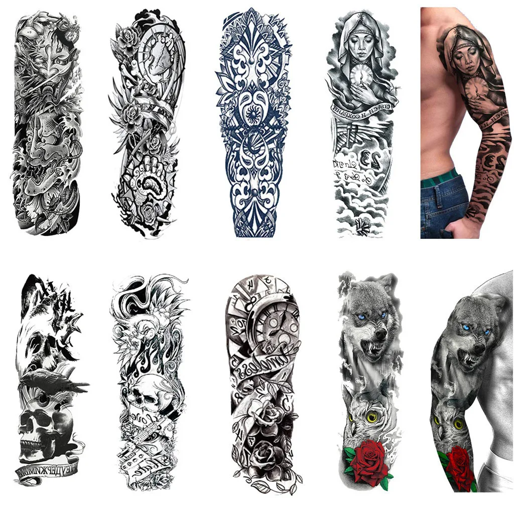 

8PC Fake Temporary Tattoo Sleeves Tattoos Full Long Slip On Arm Tattoo Sleeve Kit Men Elastic Nylon Glove Tattoos black skull