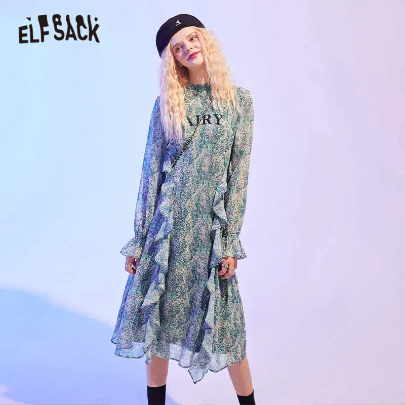 Женское шифоновое платье ELFSACK зеленое винтажное с длинным рукавом в Корейском