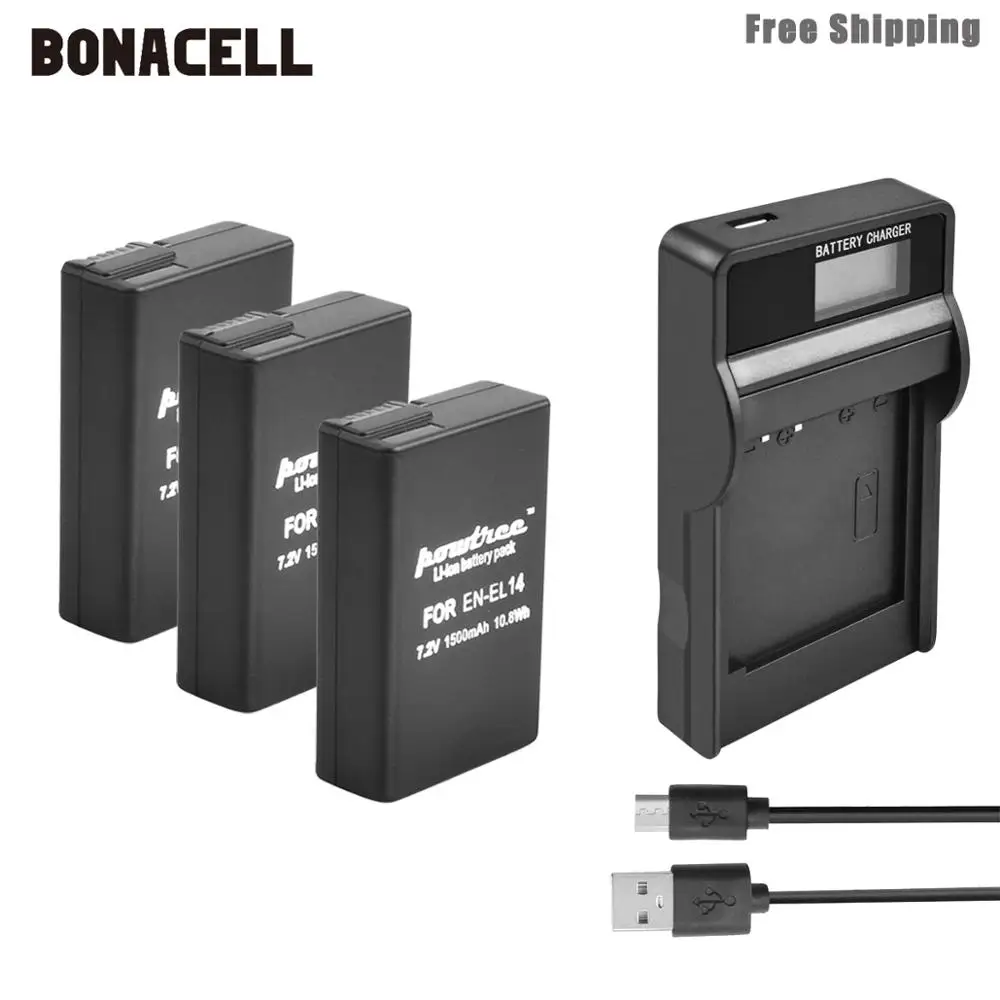 Bonacell 1500 мАч EN-EL14 EN-EL14a ENEL14 EL14 батарея+ ЖК-зарядное устройство для Nikon P7800, P7700, P7100, P7000, D5500, D5300, D5200, D3200 L50 - Цвет: 3XBattery LCDCharger