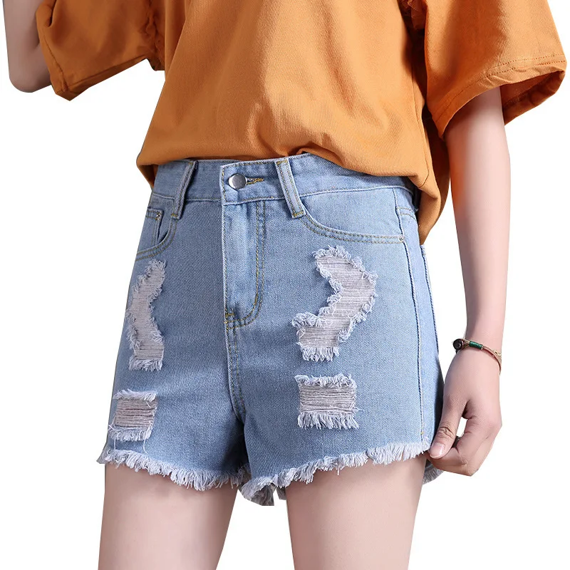 

Wholesale 2019 Korean version of the new summer big-size women's high-waisted straight barrel cut-out denim shorts women's hair