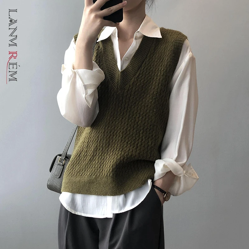 

LANMREM 2021 осенне-зимний новый вязаный жилет с v-образным вырезом женский свободный однотонный трикотажный свитер жилет женская мода 2W1815